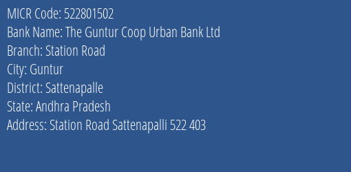 The Guntur Coop Urban Bank Ltd Station Road MICR Code