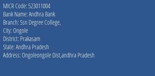 Andhra Bank Ssn Degree College Branch Address Details and MICR Code 523011004