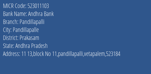 Andhra Bank Pandillapalli Branch Address Details and MICR Code 523011103