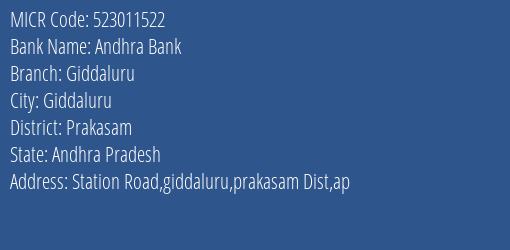 Andhra Bank Giddaluru Branch Address Details and MICR Code 523011522