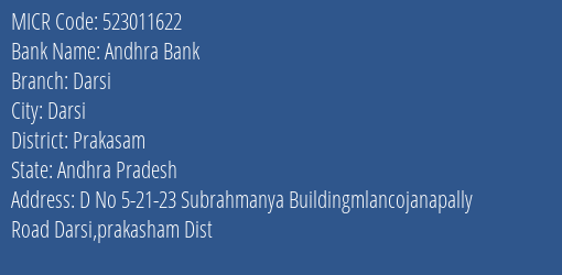 Andhra Bank Darsi Branch Address Details and MICR Code 523011622