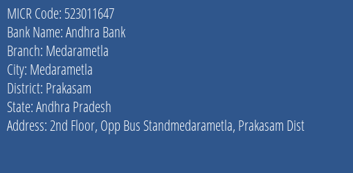 Andhra Bank Medarametla Branch Address Details and MICR Code 523011647