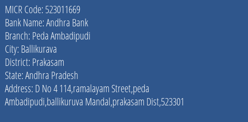 Andhra Bank Peda Ambadipudi Branch Address Details and MICR Code 523011669
