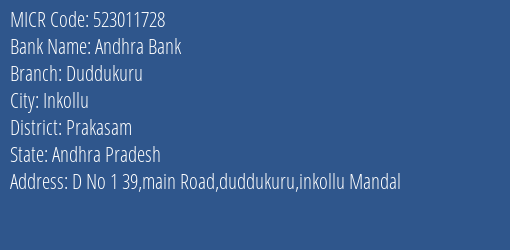 Andhra Bank Duddukuru Branch Address Details and MICR Code 523011728
