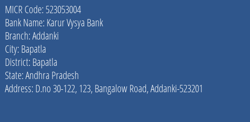 Karur Vysya Bank Addanki MICR Code