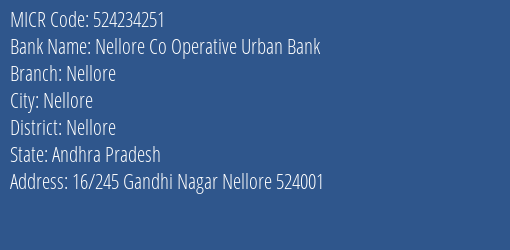 Nellore Co Operative Urban Bank Nellore MICR Code