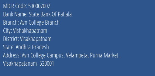 State Bank Of Patiala Avn College Branch MICR Code