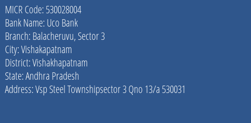 Uco Bank Balacheruvu Sector 3 MICR Code