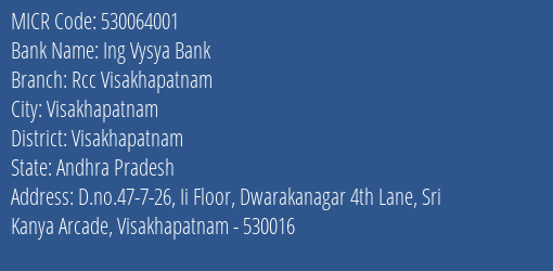 Ing Vysya Bank Rcc Visakhapatnam MICR Code