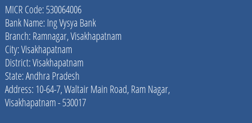 Ing Vysya Bank Ramnagar Visakhapatnam MICR Code