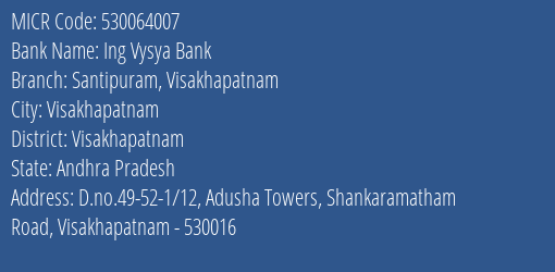 Ing Vysya Bank Santipuram Visakhapatnam MICR Code