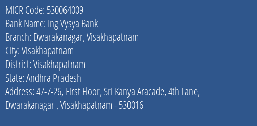 Ing Vysya Bank Dwarakanagar Visakhapatnam MICR Code