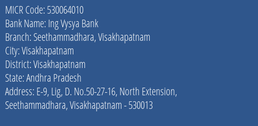 Ing Vysya Bank Seethammadhara Visakhapatnam MICR Code