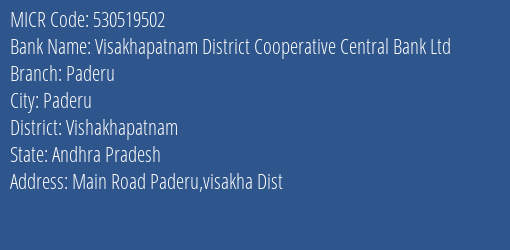 Visakhapatnam District Cooperative Central Bank Ltd Paderu MICR Code