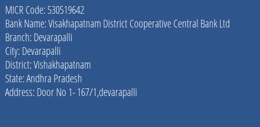 Visakhapatnam District Cooperative Central Bank Ltd Devarapalli MICR Code