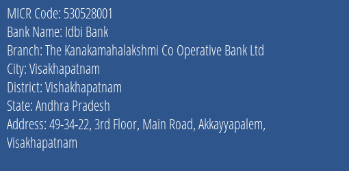 The Kanakamahalakshmi Co Operative Bank Ltd Akkayyapalem MICR Code