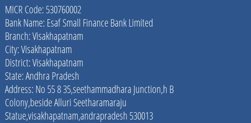 Esaf Small Finance Bank Limited Visakhapatnam MICR Code