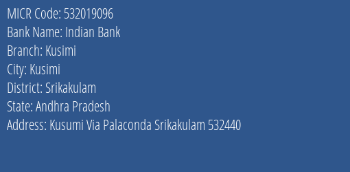 Indian Bank Kusimi MICR Code