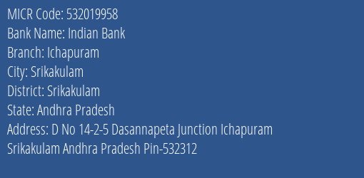Indian Bank Ichapuram MICR Code