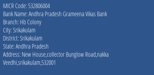 Andhra Pradesh Grameena Vikas Bank Hb Colony MICR Code
