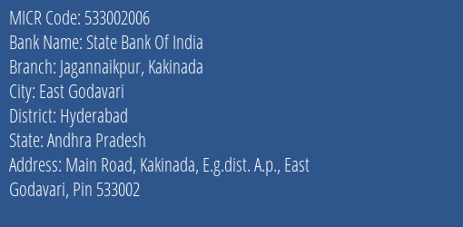 State Bank Of India Jagannaikpur Kakinada Branch Address Details and MICR Code 533002006