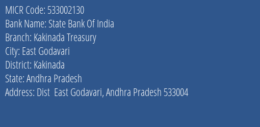 State Bank Of India Kakinada Treasury MICR Code