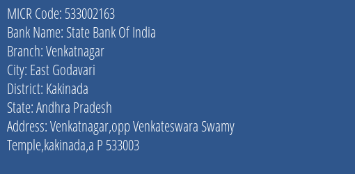State Bank Of India Venkatnagar MICR Code