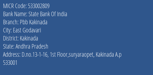 State Bank Of India Pbb Kakinada MICR Code