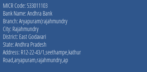 Andhra Bank Aryapuram Rajahmundry MICR Code
