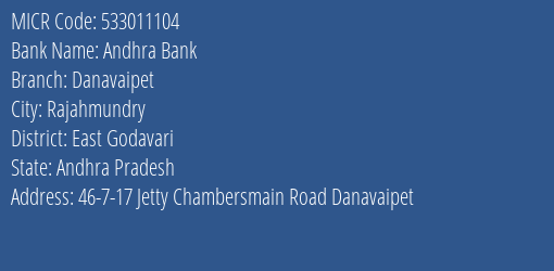 Andhra Bank Danavaipet MICR Code