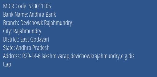 Andhra Bank Devichowk Rajahmundry MICR Code