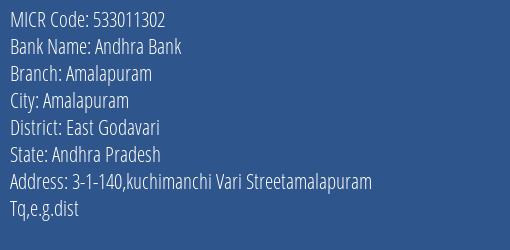 Andhra Bank Amalapuram MICR Code