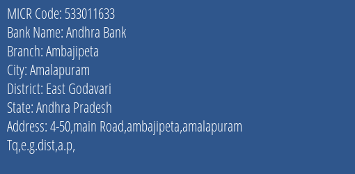 Andhra Bank Ambajipeta MICR Code