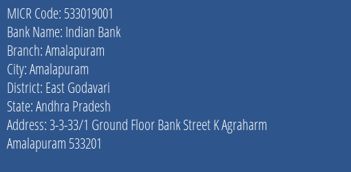 Indian Bank Amalapuram MICR Code