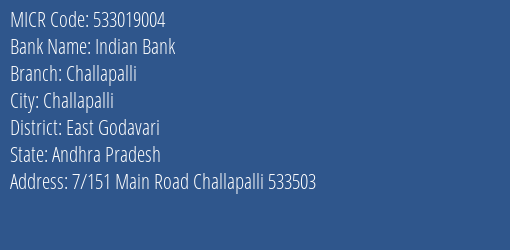 Indian Bank Challapalli MICR Code