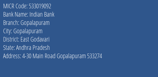 Indian Bank Gopalapuram MICR Code