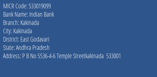 Indian Bank Kakinada MICR Code
