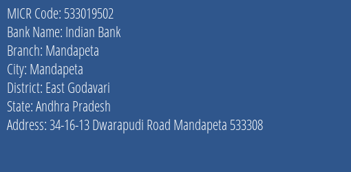 Indian Bank Mandapeta MICR Code