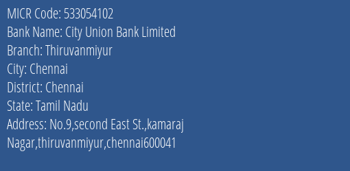 City Union Bank Limited Thiruvanmiyur MICR Code