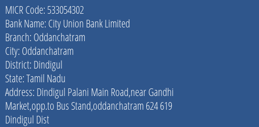 City Union Bank Limited Oddanchatram MICR Code
