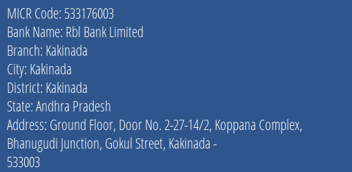 Rbl Bank Limited Kakinada MICR Code