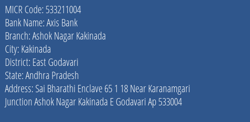 Axis Bank Ashok Nagar Kakinada MICR Code