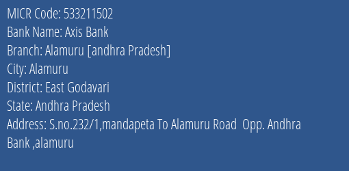 Axis Bank Alamuru [andhra Pradesh] MICR Code