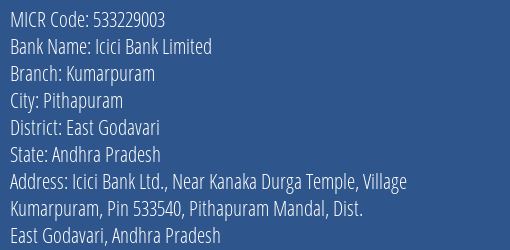 Icici Bank Limited Kumarpuram MICR Code