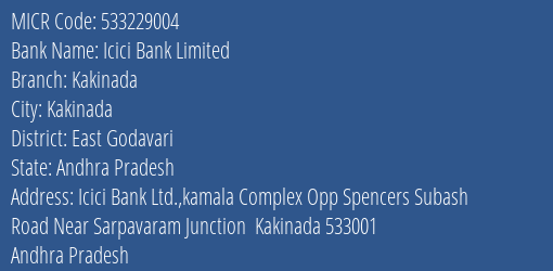 Icici Bank Limited Kakinada MICR Code