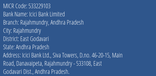 Icici Bank Limited Rajahmundry Andhra Pradesh MICR Code