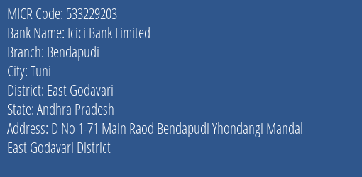 Icici Bank Limited Bendapudi MICR Code