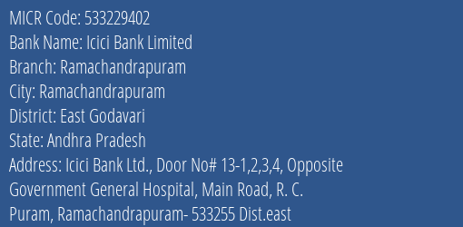 Icici Bank Limited Ramachandrapuram MICR Code