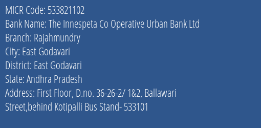 The Innespeta Co Operative Urban Bank Ltd Rajahmundry MICR Code