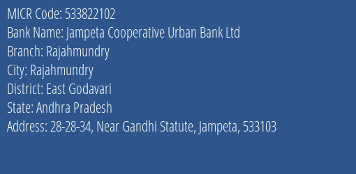 Jampeta Cooperative Urban Bank Ltd Rajahmundry MICR Code